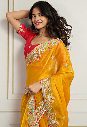 Embroidered Chinon Chiffon Saree in Mustard