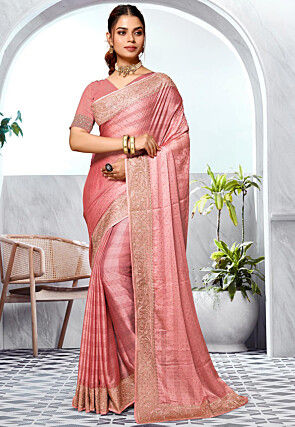 Embroidered Chinon Chiffon Saree in Peach