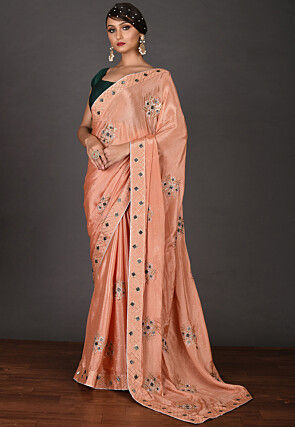 Embroidered Chinon Chiffon Saree in Peach