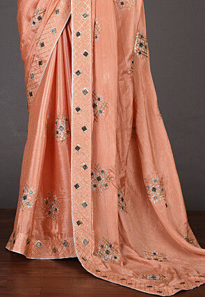 Embroidered Chinon Chiffon Saree in Peach