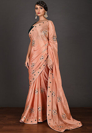 Embroidered Chinon Chiffon Saree in Peach