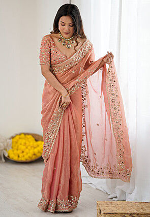 Embroidered Chinon Chiffon Saree in Peach