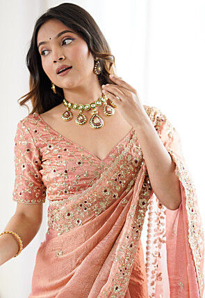 Embroidered Chinon Chiffon Saree in Peach