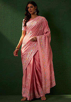 Embroidered Chinon Chiffon Saree in Pink