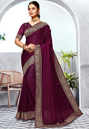 Embroidered Chinon Chiffon Saree in Purple