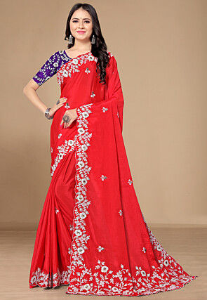 Buy Wedding Wear Red Lycra Sequins Work Readymade Saree (Blouse Size 36 and  38) Online