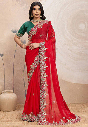 Embroidered Chinon Chiffon Saree in Red