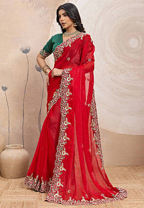 Embroidered Chinon Chiffon Saree in Red