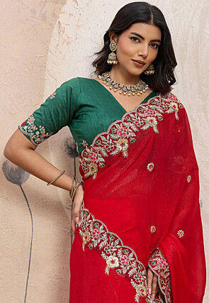 Embroidered Chinon Chiffon Saree in Red