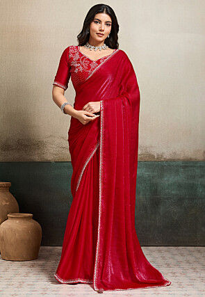 Embroidered Border Chinon Chiffon Saree in Red