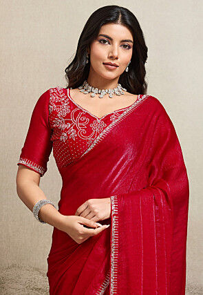 Embroidered Border Chinon Chiffon Saree in Red
