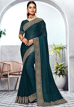Embroidered Chinon Chiffon Saree in Teal Blue