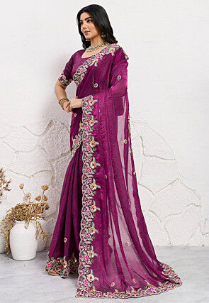 Embroidered Chinon Chiffon Saree in Violet