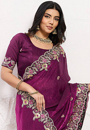 Embroidered Chinon Chiffon Saree in Violet