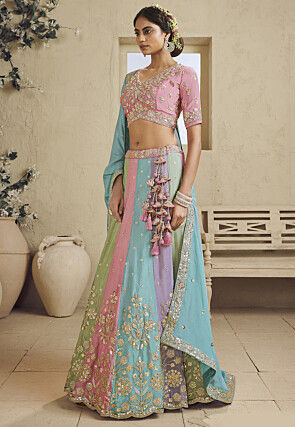 Embroidered Chinon Chiffon Scalloped Lehenga in Multicolor