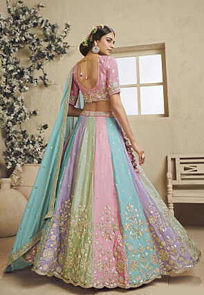 Embroidered Chinon Chiffon Scalloped Lehenga in Multicolor