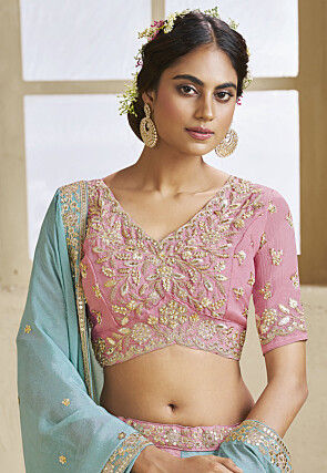 Embroidered Chinon Chiffon Scalloped Lehenga in Multicolor