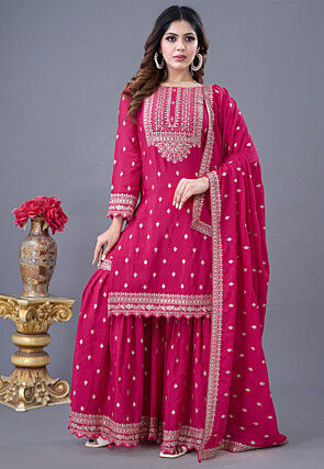 Embroidered Chinon Chiffon Scalloped Pakistani Suit in Fuchsia