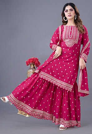 Embroidered Chinon Chiffon Scalloped Pakistani Suit in Fuchsia