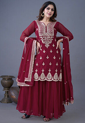 Embroidered Chinon Chiffon Scalloped Pakistani Suit in Maroon
