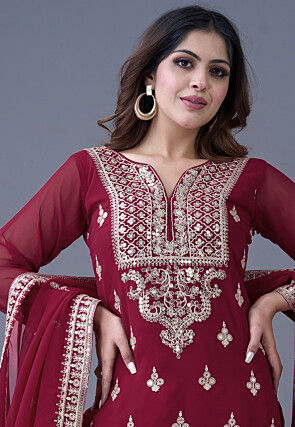 Embroidered Chinon Chiffon Scalloped Pakistani Suit in Maroon