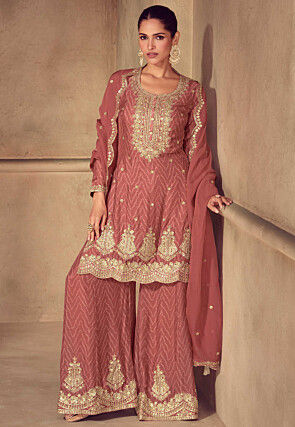 Embroidered Chinon Chiffon Scalloped Pakistani Suit in Old Rose