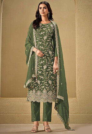Embroidered Chinon Chiffon Scalloped Pakistani Suit in Green