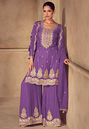 Embroidered Chinon Chiffon Scalloped Pakistani Suit in Purple