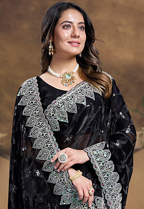 Embroidered Chinon Chiffon Scalloped Saree in Black