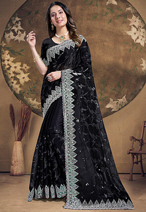 Embroidered Chinon Chiffon Scalloped Saree in Black