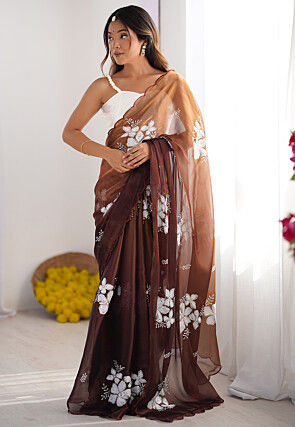 Embroidered Chinon Chiffon Scalloped Saree in Brown Ombre
