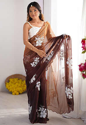 Embroidered Chinon Chiffon Scalloped Saree in Brown Ombre