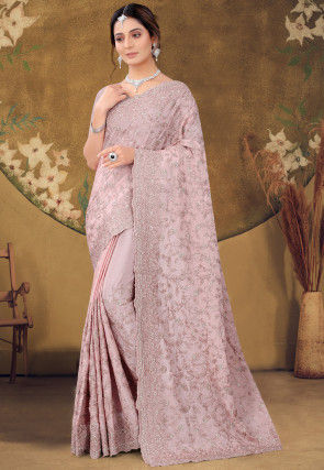Embroidered Chinon Chiffon Scalloped Saree in Dusty Pink