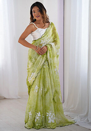 Embroidered Chinon Chiffon Scalloped Saree in Green