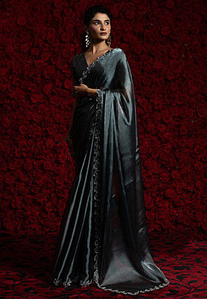 Embroidered Chinon Chiffon Scalloped Saree in Grey