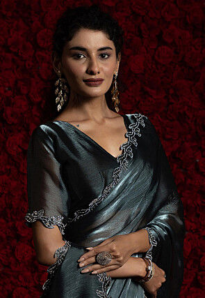 Embroidered Chinon Chiffon Scalloped Saree in Grey