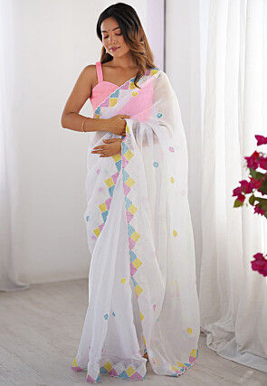 Embroidered Chinon Chiffon Scalloped Saree in Off White