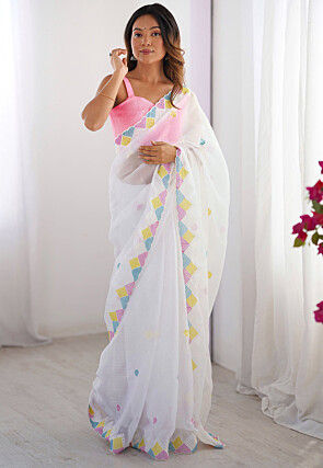 Embroidered Chinon Chiffon Scalloped Saree in Off White