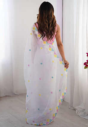 Embroidered Chinon Chiffon Scalloped Saree in Off White