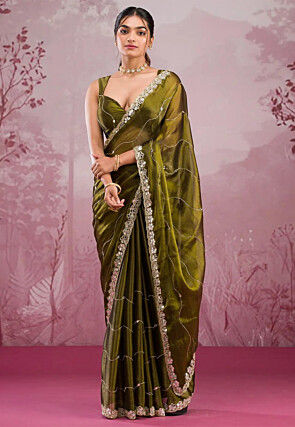 Embroidered Chinon Chiffon Scalloped Saree in Olive Green