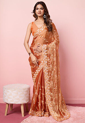 Embroidered Chinon Chiffon Scalloped Saree in Orange