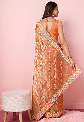 Embroidered Chinon Chiffon Scalloped Saree in Orange