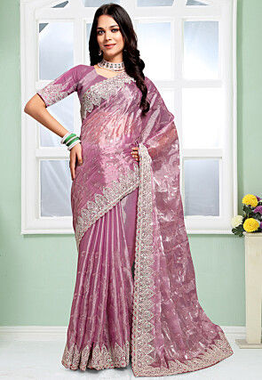 Embroidered Organza Scalloped Saree in Pink