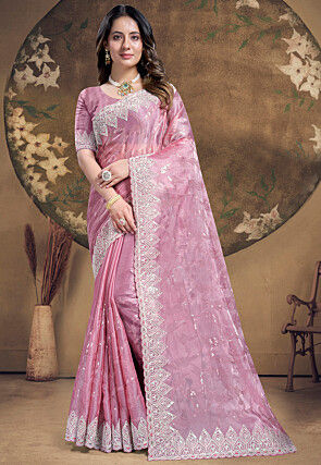 Embroidered Chinon Chiffon Scalloped Saree in Pink
