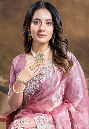 Embroidered Chinon Chiffon Scalloped Saree in Pink