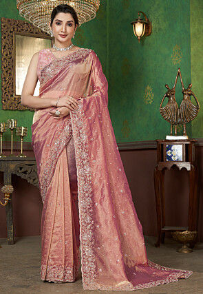 Embroidered Chinon Chiffon Scalloped Saree in Pink