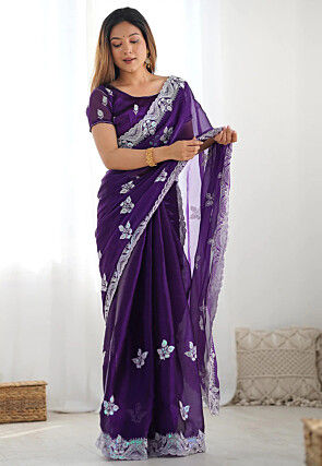 Embroidered Chinon Chiffon Scalloped Saree in Purple