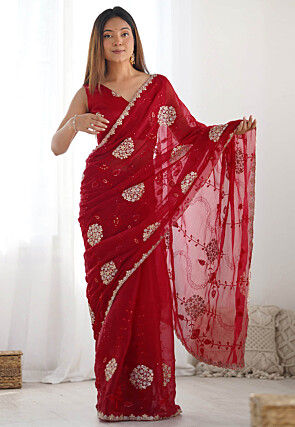Embroidered Chinon Chiffon Scalloped Saree in Red