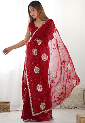 Embroidered Chinon Chiffon Scalloped Saree in Red