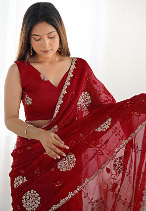 Embroidered Chinon Chiffon Scalloped Saree in Red